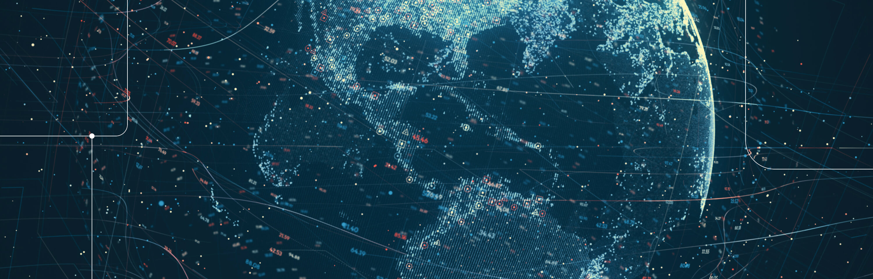 Graphic of a globe with interconnected lines and pieces of data, numbers, and letters