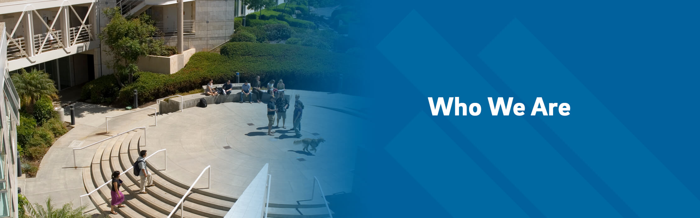 Image of the school's plaza with people walking/standing, with a blue color overlay on the right, including a branding element of UC San Diego shaped as a trident