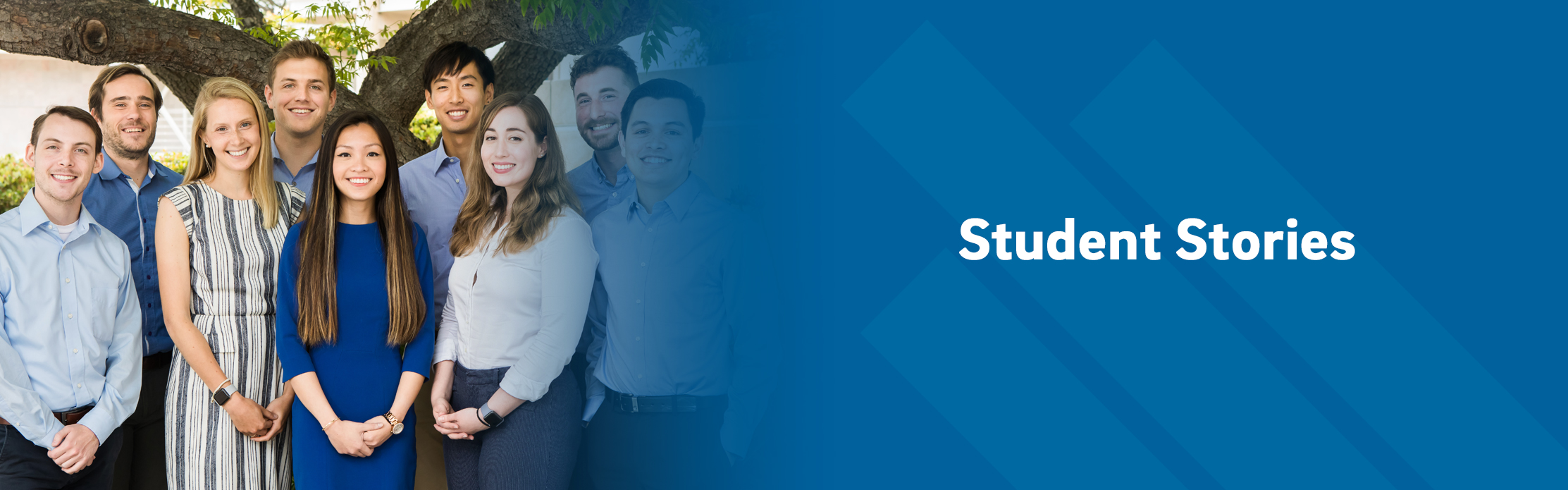 Photo of nine GPS students lined up outside by a tree; right side of the graphic as a blue overlay with the branded UC San Diego of a stylized trident appearing behind the white text "Student Stories"