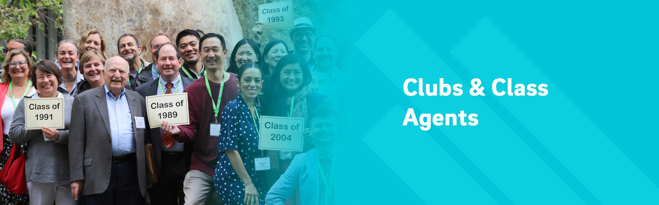 Photo of GPS alumni holding up signs with the year of their class; the right side has a light blue overlay with the UC San Diego branded element of a stylized trident