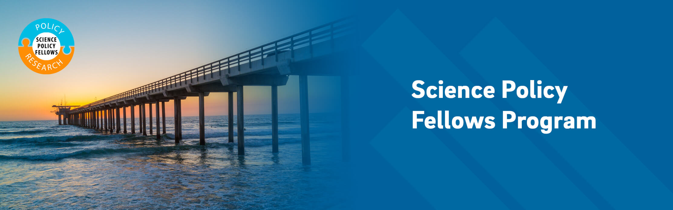 Photo of the Scripps Pier at sunset with the Science Policy Fellows logo in the top left; the right side has a blue overlay with the UC San Diego branded element of a stylized trident