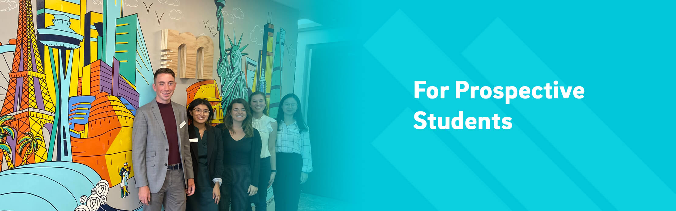 Photo of a group of people and students against a mural on an indoor wall; the right side has a light blue overlay with the UC San Diego branded element of a stylized trident