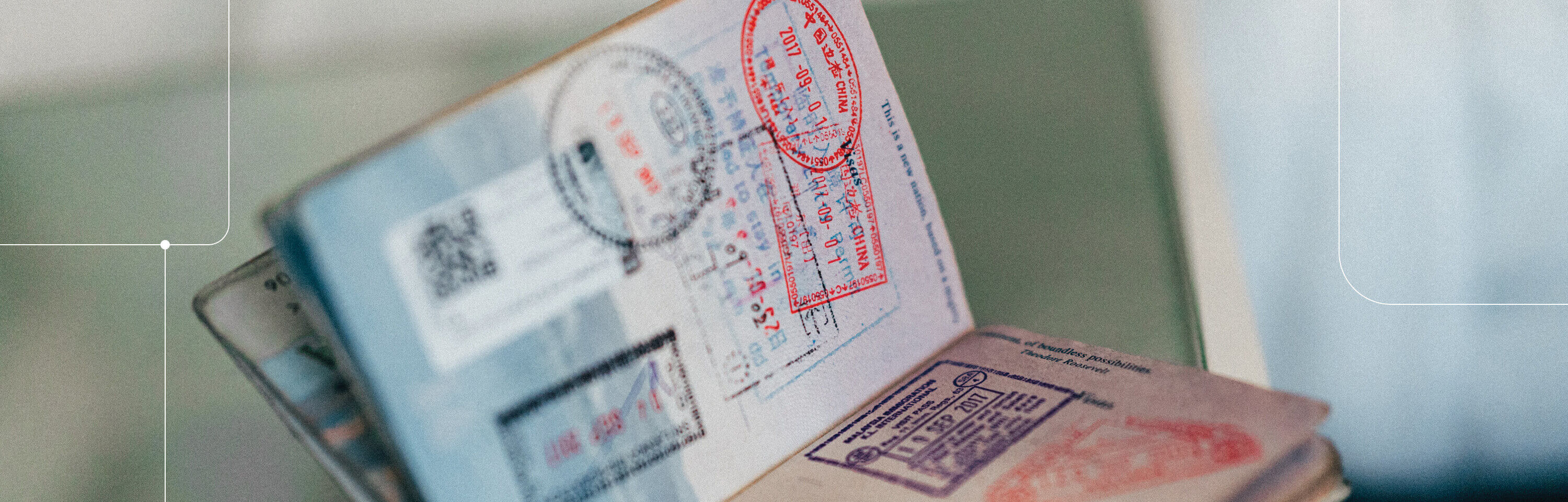 Close up view of a passport book with stamps